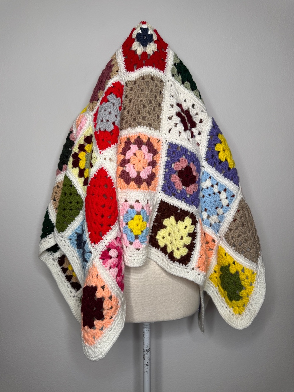 Handmade Multicolor White Border Granny Square Crochet Throw Blanket 53x41